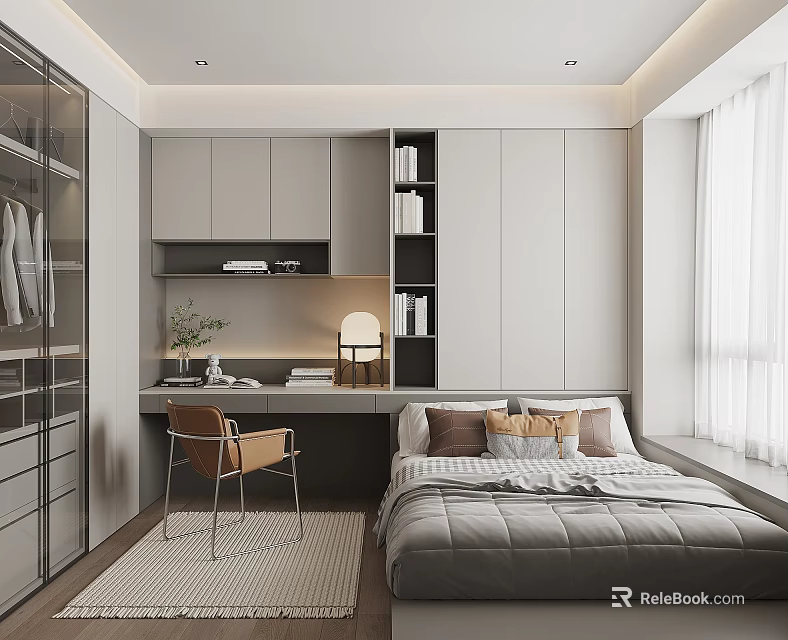 Tatami Bedroom Interior Design with Grey Wardrobe Desk Bookshelf Chair Lamp and Green Plant 3d model 