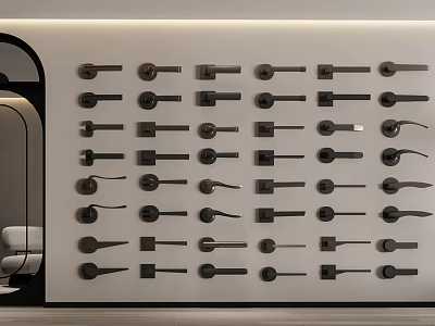 Different Styles Of Door Handles Displayed On Wall With Various Designs 3d model