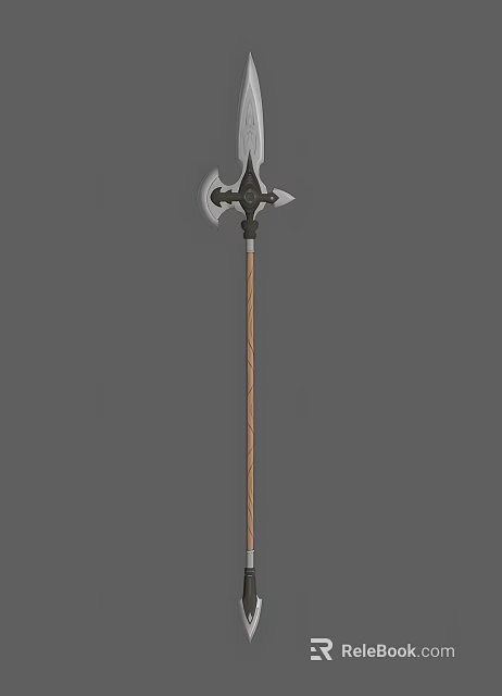 Detailed Medieval Battle Axe With Triple Head Black Metal Blade And Textured Wooden Shaft 3d model 