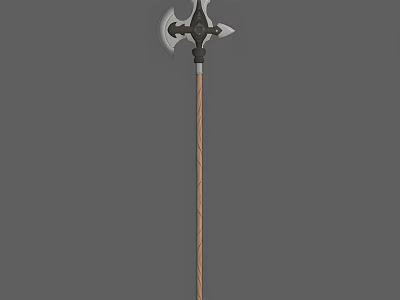 Detailed Medieval Battle Axe With Triple Head Black Metal Blade And Textured Wooden Shaft 3d model