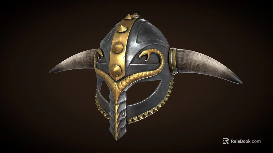Viking Helmet with Large Horns Metallic Black and Golden Accents Ornate Rivet Design 3d model 