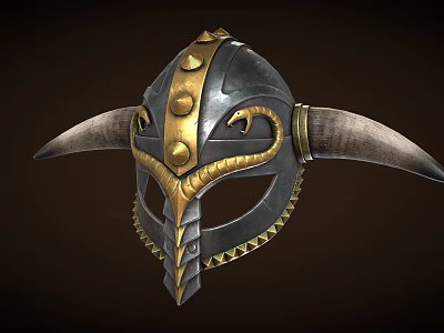 Viking Helmet with Large Horns Metallic Black and Golden Accents Ornate Rivet Design 3d model