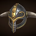 Viking Helmet with Large Horns Metallic Black and Golden Accents Ornate Rivet Design 3d model