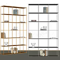 Modern Shelving Units With Golden And Black Frame Featuring Books Cups And Decorative Vases