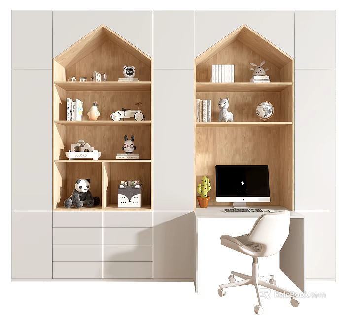 Modern House Shaped Wooden Bookcase With Multi Tiered Shelves Decorations Books Desk And Chair 3d model 