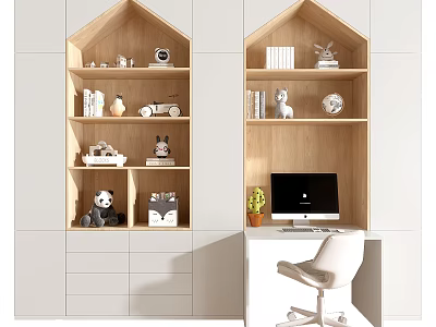 Modern House Shaped Wooden Bookcase With Multi Tiered Shelves Decorations Books Desk And Chair 3d model