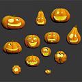 Cartoon Halloween Pumpkin Scene With Various Sizes Smiling Faces And Orange Reflections