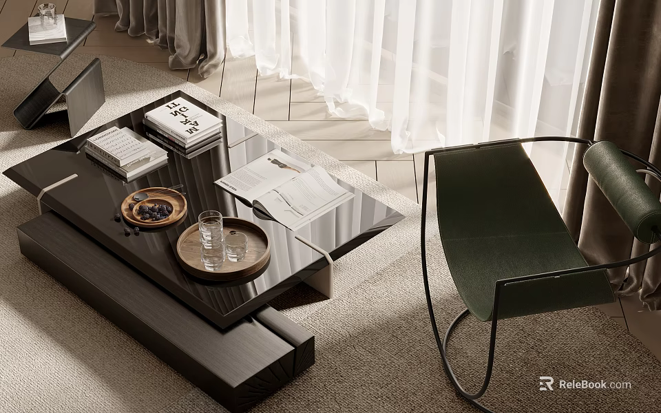 Black coffee table with glass top wooden tray books and green chair in living room 3d model 