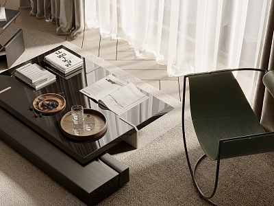 Black coffee table with glass top wooden tray books and green chair in living room 3d model