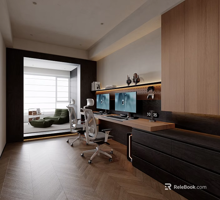 Ergonomic Office Chair With Adjustable Features Dual Monitors And Modern Desk In Bright Workspace 3d model 