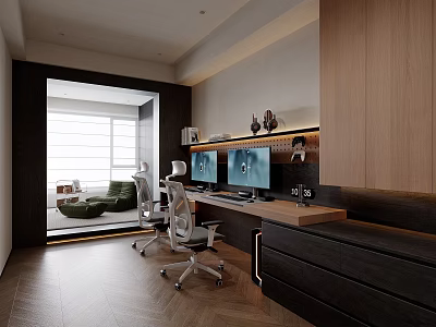 Ergonomic Office Chair With Adjustable Features Dual Monitors And Modern Desk In Bright Workspace 3d model