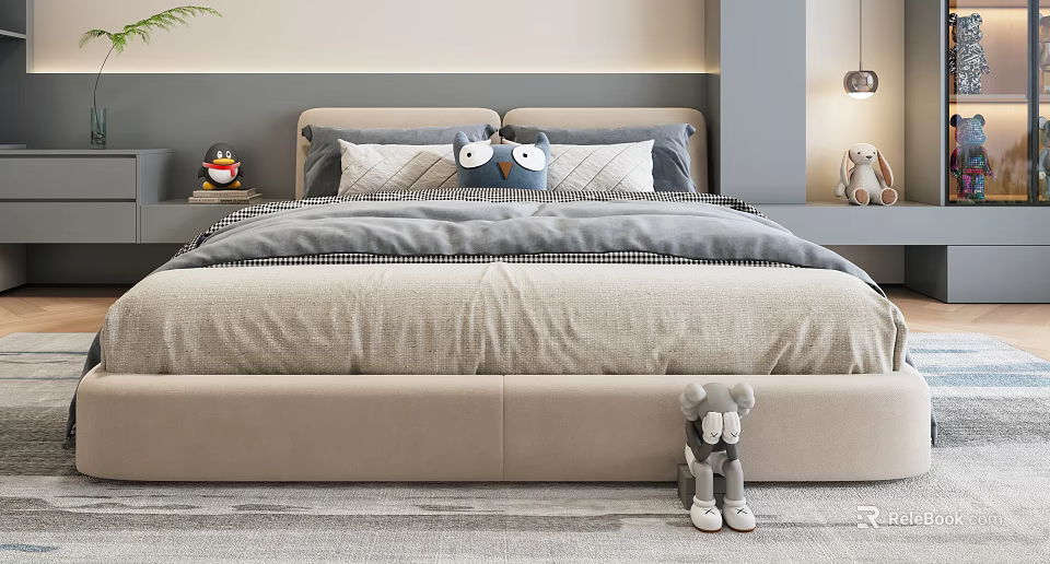 Cute Kids Bed With Stuffed Toys Soft Pillows And Beige Headboard On Carpet Floor 3d model 