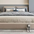 Cute Kids Bed With Stuffed Toys Soft Pillows And Beige Headboard On Carpet Floor