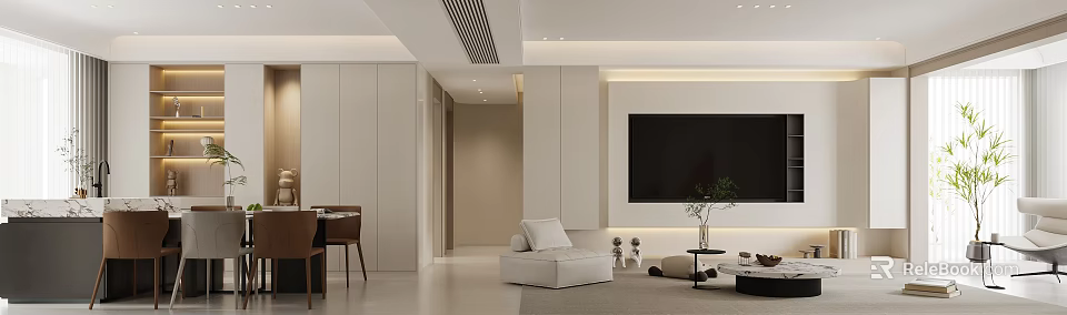 Modern Living And Dining Room Interior Design With Open Layout Sofa And TV Wall 3d model