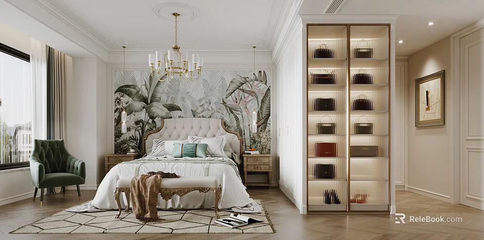 Elegant Modern Bedroom Interior With Upholstered Bed Gold Chandelier Tropical Mural And Glass Wardrobe 3d model 