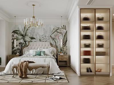 Elegant Modern Bedroom Interior With Upholstered Bed Gold Chandelier Tropical Mural And Glass Wardrobe 3d model