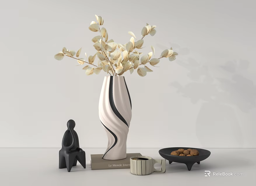 White And Black Curved Vase With White Floral Arrangement On Table With Statue And Books 3d model 