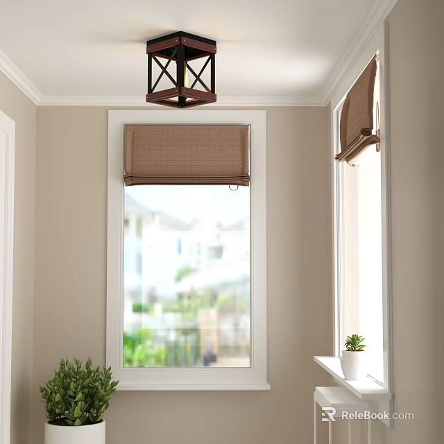Black Ceiling Light in Interior Room with Brown Roller Blinds Window and Green Plants 3d model 