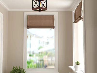 Black Ceiling Light in Interior Room with Brown Roller Blinds Window and Green Plants 3d model