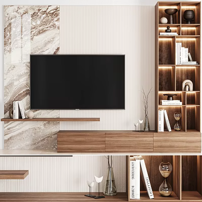 Modern TV Wall Design With Marble Panel Wooden Storage Shelves And Ambient Lighting 3d model