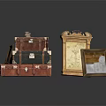 Vintage Leather Suitcases And Wooden Photo Frames For Decorative