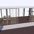 Modern Pergola with Large Glass Windows Wooden Deck Green Lawn and Purple Flowers