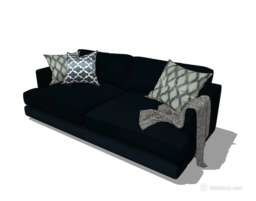 Stylish Black Two Seater Sofa With Geometric Patterned Throw Pillows And Soft Blanket 3d model