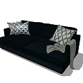 Stylish Black Two Seater Sofa With Geometric Patterned Throw Pillows And Soft Blanket 3d model
