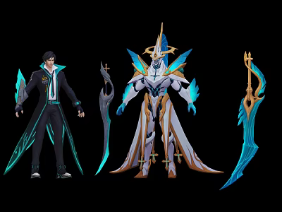 Elegant Character In Black Blue Outfit And Winged Armored Creature With Blue Elemental Weapons 3d model