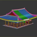 Ancient Architecture With Traditional Tiled Roof Overhanging Eaves Red Pillars And Green Decorations