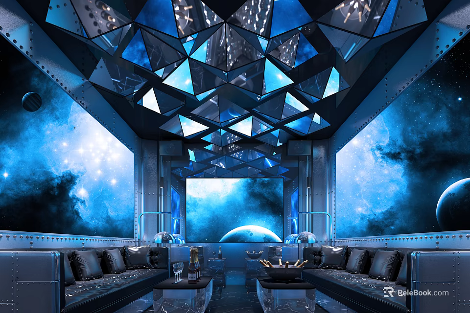 Starry Sky Theme KTV Interior With Luxury Design Sofa Seating And Large Screen 3d model