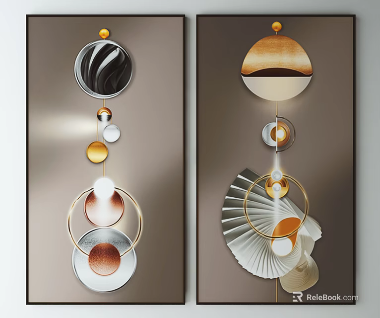 Modern Decorative Wall Art With Geometric Circular Fan Shaped Gold Black White Elements 3d model