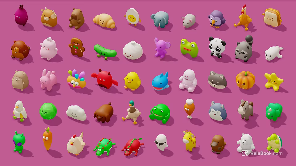 Colorful Assorted Stuffed Toys Collection With Various Cute Animal And Character Designs 3d model 