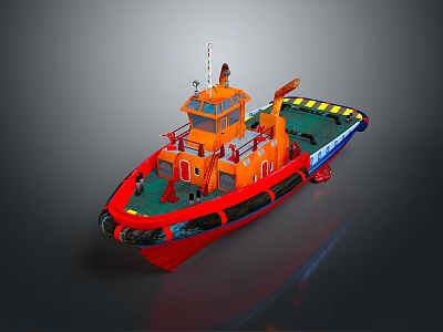 Orange Red Tugboat 3D Model With Wheelhouse Crane And Deck Railings 3d model