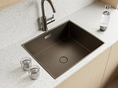 Black Stainless Steel Kitchen Sink with Modern Faucet and Glass Cups on Light Countertop 3d model