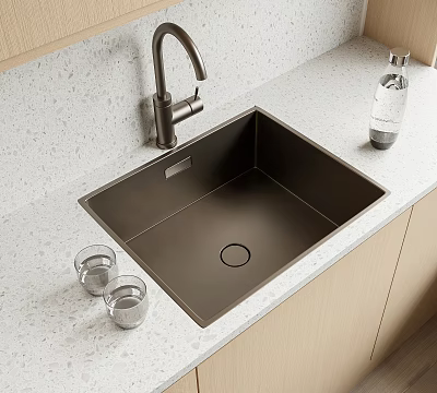 Black Stainless Steel Kitchen Sink with Modern Faucet and Glass Cups on Light Countertop 3d model