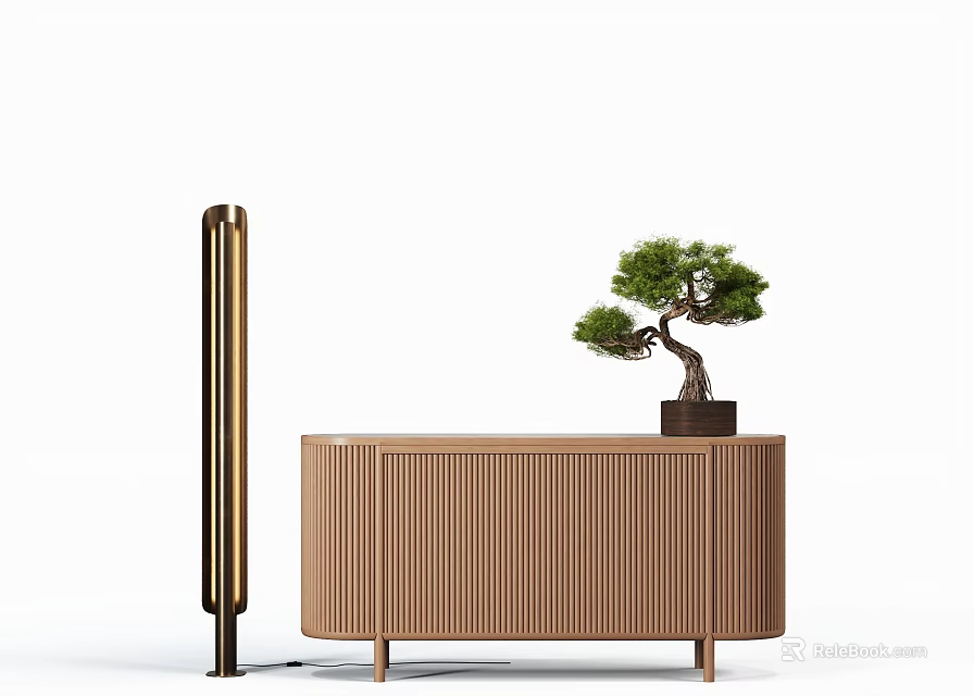 Modern Brown Ribbed Sideboard With Small Potted Pine Tree And Tall Black Metal Pillar 3d model 