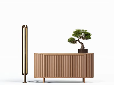 Modern Brown Ribbed Sideboard With Small Potted Pine Tree And Tall Black Metal Pillar 3d model