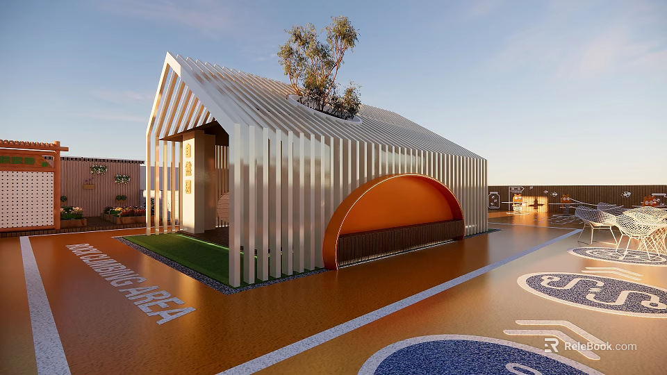 Modern Kindergarten Architecture With Green Playground And Creative Arch Design 3d model 