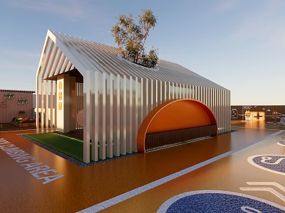 Modern Kindergarten Architecture With Green Playground And Creative Arch Design 3d model