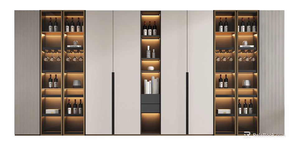 Modern Wine Cabinet Interior With Wine Bottles Glasses And Lighting 3d model 