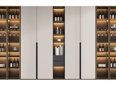 Modern Wine Cabinet Interior With Wine Bottles Glasses And Lighting 3d model