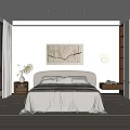 Minimalist Modern Bedroom Interior With Bedside Wall Art Large Window And Wardrobe