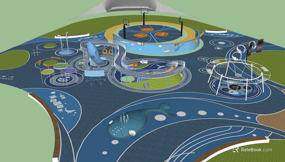 Garden Landscape Design For Children With Circular Areas Blue Flooring And Slide 3d model 