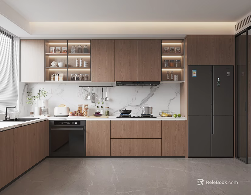 Modern Kitchen Interior With Wooden Cabinets Marble Countertop Built-in Appliances And Open Shelves 3d model 