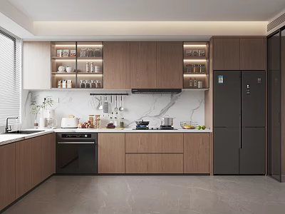 Modern Kitchen Interior With Wooden Cabinets Marble Countertop Built-in Appliances And Open Shelves 3d model