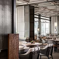 Elegant Restaurant Interior Design With Geometric Partition Wooden Tables Comfortable Chairs And Pendant Lights