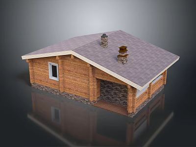 Wooden Detached House Exterior Featuring Gray Roof Two Chimneys Stone Base and Windows 3d model