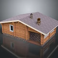 Wooden Detached House Exterior Featuring Gray Roof Two Chimneys Stone Base and Windows