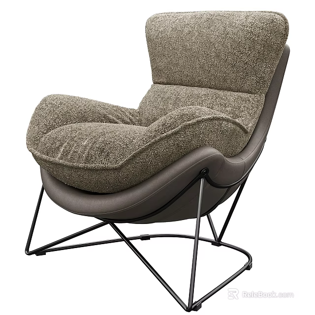 Modern Single Sofa with Bouclé Fabric Beige Color and Curved Black Metal Legs 3d model 